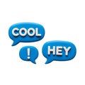 Three Blue 3D Speech Bubbles with Words COLHEY and Exclamation Mark chat bubble dialogue Royalty Free Stock Photo