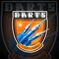 Three blue darts in center of shield. Sport logo for any darts game or championship Royalty Free Stock Photo