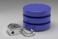 Three blue disks in stack and unlocked steel padlock. Access granted to Data or Database in result of hacker attack. Concept of da