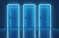 Three blue doors with neon light frames on dark background. Doors represent choices, decisions, options, future possibilities. Royalty Free Stock Photo