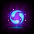 Three blue drops, swirl, water cycle icon for game or mobile apps design with sparkles on dark background, vector