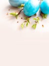 Three blue Easter eggs, and spring twigs with green leaves on a white table Royalty Free Stock Photo