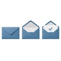 Three blue envelopes showing closed open and checked mail delivery process transparent background Royalty Free Stock Photo