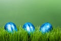 Three blue foil Easter eggs on grass Royalty Free Stock Photo