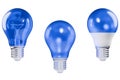 Three blue glass light bulbs of different designs on a white isolated background. 3d rendering Royalty Free Stock Photo