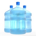 Three blue 19 liter or 5 gallon plastic water bottles or containers isolated on white background