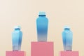 Three blue perfumery glass bottle on stand