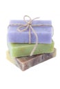 Three blueberry chocolate chamomile handmade soaps isolated on white background Royalty Free Stock Photo