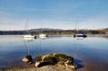 Lake Windermere with three boats and a rock