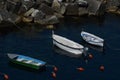 Three boats at port off Italian coast. Royalty Free Stock Photo