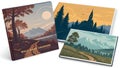 Three illustrated landscape book covers with trees mountains and buildings Royalty Free Stock Photo