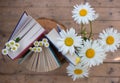 Three books stand upright, a bouquet of daisies nearby. Cozy reading