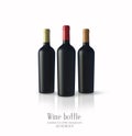 Three bottle of wine made of black matte glass on a white background. Alcohol close-up. Soft glares. 3d render. Template for