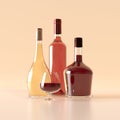 Three bottles of alcohol without labels. Bottled white, pink and cognac, a glass of cognac. Element for design. 3d Royalty Free Stock Photo