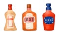 three bottles of alcoholic drinks, hand drawn illustration icon collection. Whiskey, cognac, rum, martini, gin.