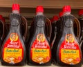 Three bottles of Aunt Jemima butter rich syrup on display at a grocery store Royalty Free Stock Photo