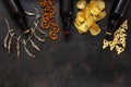 Three Bottles of beer with chips, salted crackers, bretzel and dried smelt fish Royalty Free Stock Photo