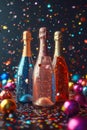 three bottles of champagne with an empty label on a festive background with balloons Royalty Free Stock Photo