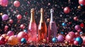 three bottles of champagne with an empty label on a festive background with balloons Royalty Free Stock Photo