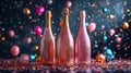 three bottles of champagne with an empty label on a festive background with balloons Royalty Free Stock Photo