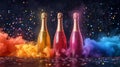three bottles of champagne with an empty label on a festive background with confetti and colored smoke Royalty Free Stock Photo