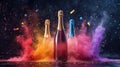 three bottles of champagne with an empty label on a festive background with confetti and colored smoke Royalty Free Stock Photo