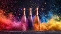 three bottles of champagne with an empty label on a festive background with confetti and colored smoke Royalty Free Stock Photo