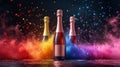 three bottles of champagne with an empty label on a festive background with confetti and colored smoke Royalty Free Stock Photo