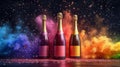 three bottles of champagne with an empty label on a festive background with confetti and colored smoke Royalty Free Stock Photo