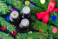 Three bottles of essential oil and fir branches. Christmas aromatherapy and spa concept. Royalty Free Stock Photo