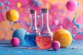 Three Bottles Filled With Liquid Next to Colorful Balls. Generative AI Royalty Free Stock Photo