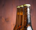 Three bottles of fresh beer with drops Royalty Free Stock Photo