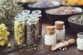 Three bottles of homeopathic globules, bottles of dried medicinal herbs, bowls and bunches of herbs on background. Royalty Free Stock Photo