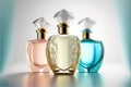 three bottles of perfume with a blue background and a gold top one with a flower on it and the other with a flower on it Royalty Free Stock Photo