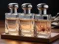 three bottles of perfume sitting on top of a table next to a small bag Royalty Free Stock Photo