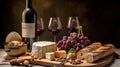 Three bottles of wine and two half filled glasses of red wine on kitchen with baked cakes, with a selection of cheeses, Generative