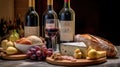 Three bottles of wine and two half filled glasses of red wine on kitchen with baked cakes, with a selection of cheeses, Generative