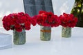 Three bouquets of red clove pink at the monument to the soldiers who died in World War II Royalty Free Stock Photo