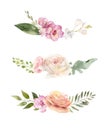 Three bouquets of watercolor flowers and leaves Royalty Free Stock Photo