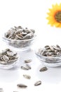 Three bowl of sunflower seeds with sunflower on white background. Vertical format