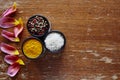 Three bowl with variety of spices in kitchen atmosphere