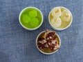 Three bowls with variety of Angoori Petha or Petha,an Indian sweet or dessert,Agra,India.