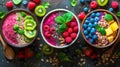 Three bowls of assorted fruit on a table with vibrant green, blue, and purple colors, AI-generated. Royalty Free Stock Photo