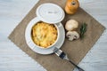 Three bowls with chicken and mushrooms julienne on the table. Horizontal top view julienne with mushrooms