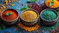 Three bowls of different colored seeds and herbs on a table, AI Royalty Free Stock Photo