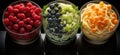 Three bowls filled with different types of fruit, AI