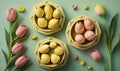 three bowls filled with eggs sitting on top of a green table next to flowers and tulips on a blue surface with pink and yellow Royalty Free Stock Photo