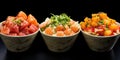 Three bowls of food, each with a different type of seafood Royalty Free Stock Photo