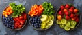 Three Bowls With Fresh Fruits and Vegetables Royalty Free Stock Photo