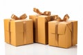 Three boxes with gold ribbon and bows on them, one is empty. Generative AI Royalty Free Stock Photo